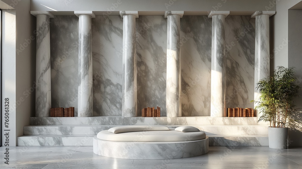 round platform with glass wall panel. Antique greek columns on marble wall round platform with glass wall panel. Antique greek columns on marble wall