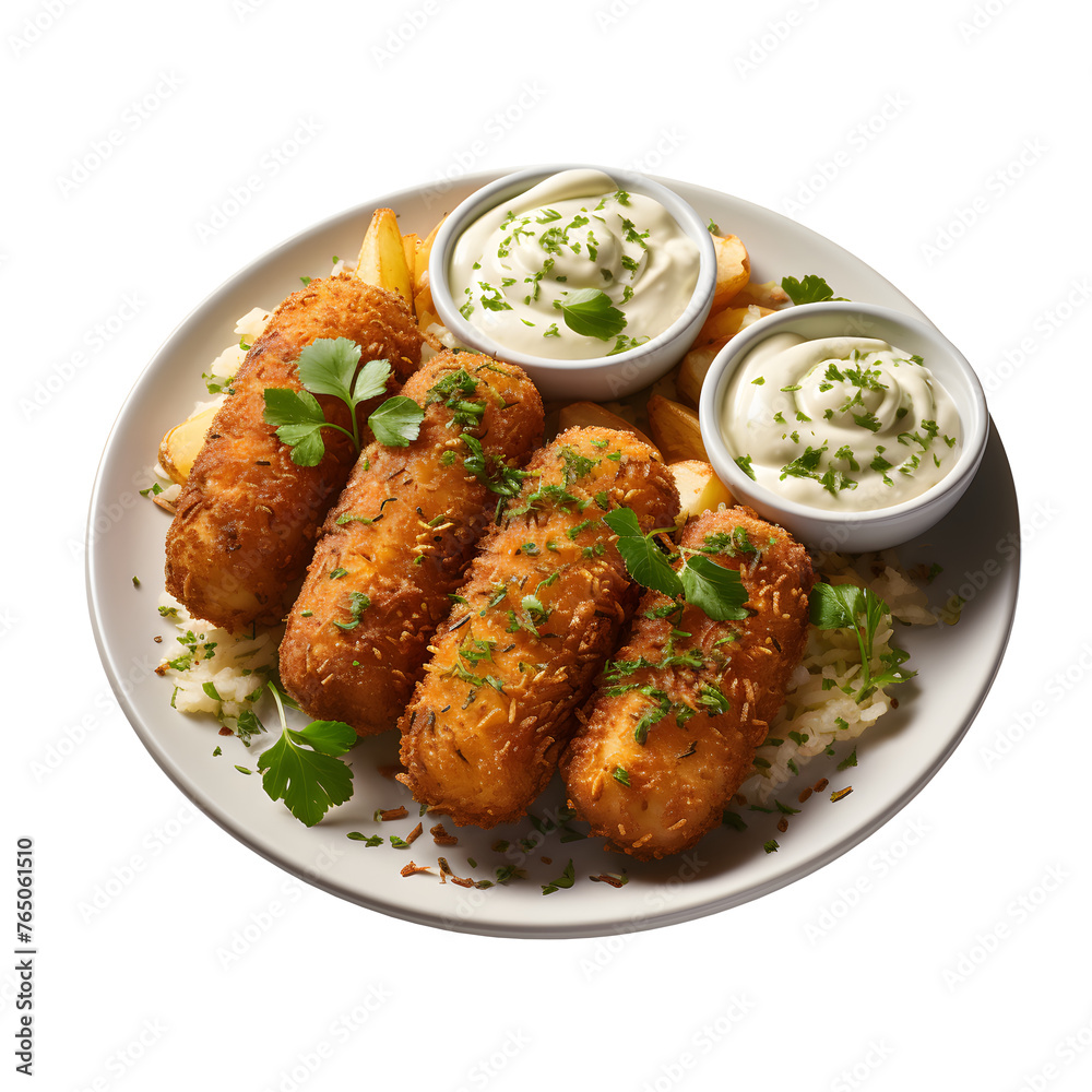 White plate with three Shrimps croquettes ans salad. on transparent background. Ai generated 