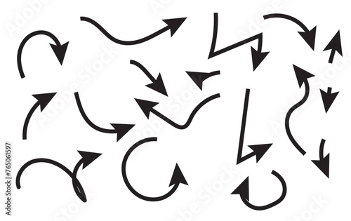 Hand drawn wavy arrows. Set of different pointers. Arrow on isolated white background. Black and white illustration