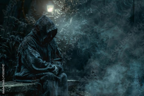 Burnished Fireplace Vigil Mysterious Man in Hood, Nighttime Digital Art