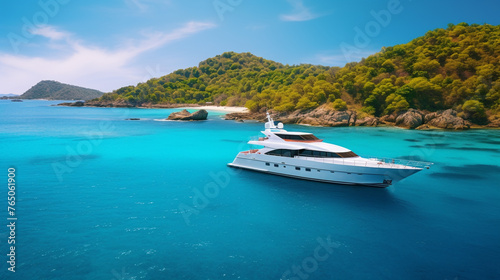 A luxury yacht anchored in a pristine bay with clear blue waters and a vibrant coral reef.