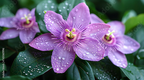 Medicinal passionflower with water droplets photo