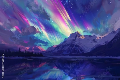 Celestial Dance Aurora Borealis Over a Tranquil Mountain Lake, Digital Painting © furyon