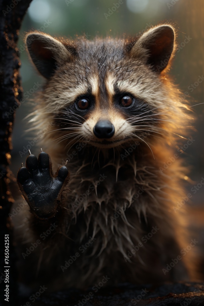 Adorable raccoon with a delightful smile, posing joyfully with its paws raised in a cute gesture