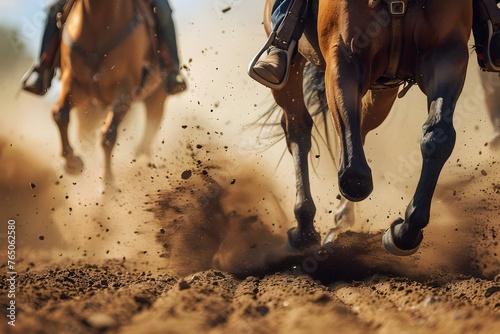 Horses in a rodeo arena kicking up dust during competition. Concept Rodeo Arena, Horseback Riding, Dust and Dirt, Competitive Spirit, Action Photography