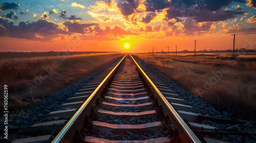 railroad track transportation speed sunset. A tranquil evening scene with a warm golden glow over the railroad tracks