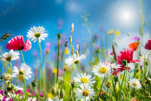 Wiese mit Wildblumen im Sommer mit strahlendem Sonnenschein