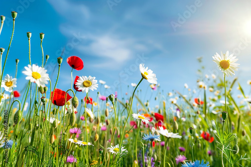 Wiese mit Wildblumen im Sommer mit strahlendem Sonnenschein