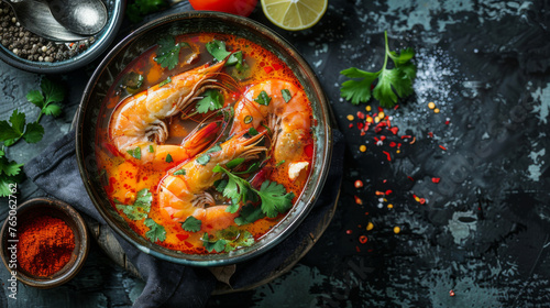 Tom Yam kung Spicy Thai soup with shrimp seafood, chili, and fresh herbs, served in a rustic bowl