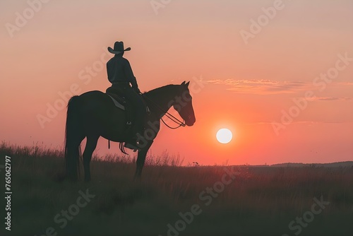 Silhouetted lone rider on horseback against setting sun wearing a hat with a modern twist. Concept Sunset Photoshoot, Cowboy Style, Equestrian Fashion © Anastasiia