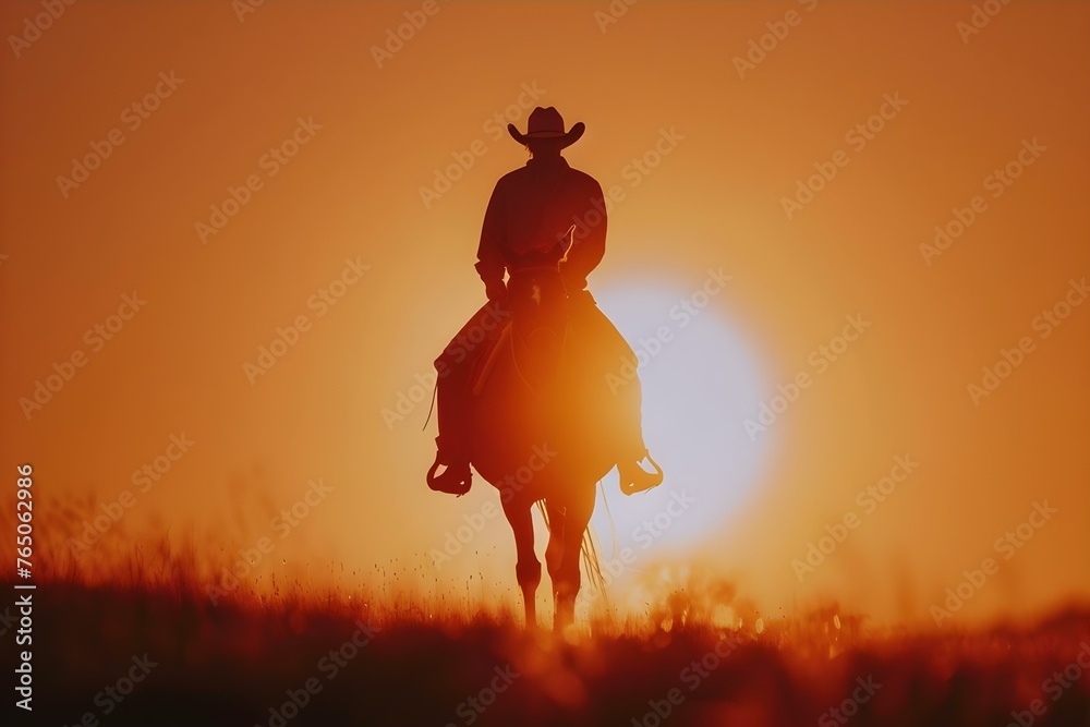 Silhouetted lone rider on horseback against setting sun wearing hat with technology in hand. Concept Cowboy, Sunset, Horseback Riding, Silhouette, Technology,
