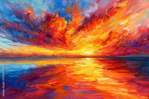 Dancing Flames, Abstract Oil Painting of a Fiery Sunset Reflecting Over the Ocean