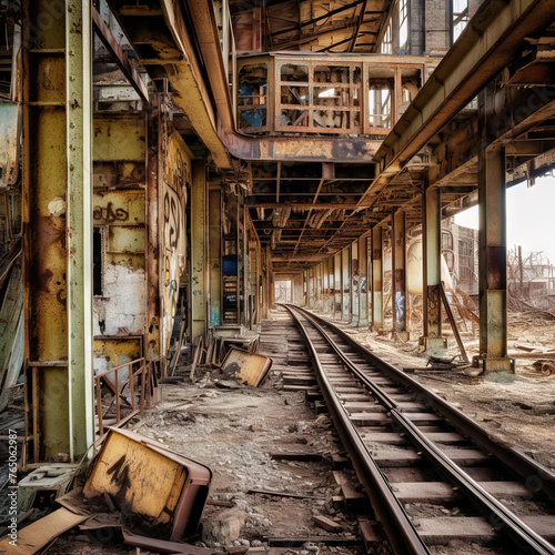 Abandoned industrial factory with rusty metallic warehouse buildings and railway.