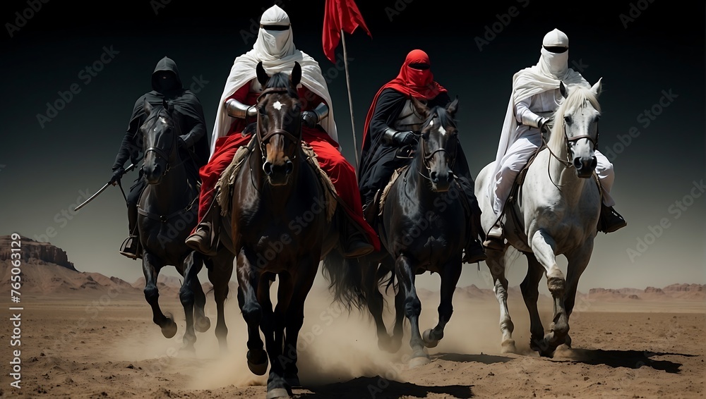 Fototapeta premium Horsemen of the Apocalypse - white for conquest, red for war, black for plague or famine, and pale for death - black background - desert landscape. AI generated
