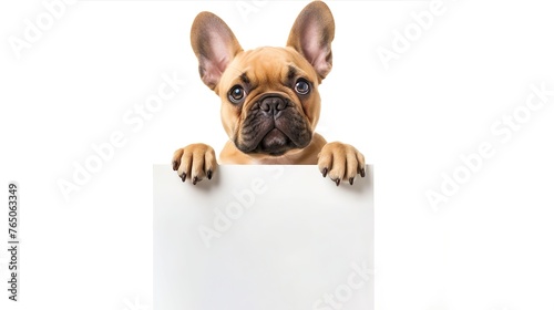 French Bulldog holding white board on a white background.