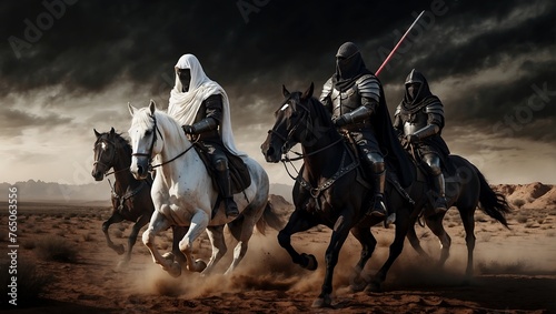 Horsemen of the Apocalypse - white for conquest, red for war, black for plague or famine, and pale for death - black background - desert landscape. AI generated © queen