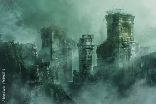 Echoes of the Forgotten Realm - Digital Painting of Ancient Ruins and Mystical Fog