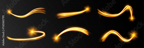 Light wave,shiny gold lines.Color glowing design element.Wavy bright stripes.Vector illustration.	
