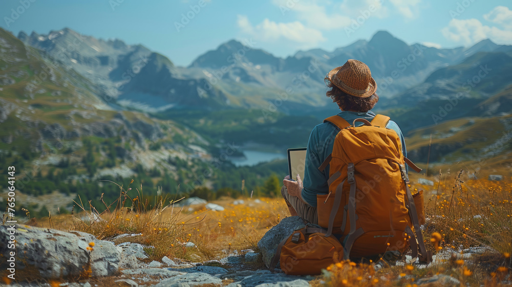 Young man freelancer traveler wearing hat anywhere working online using laptop and enjoying mountains view,generative ai