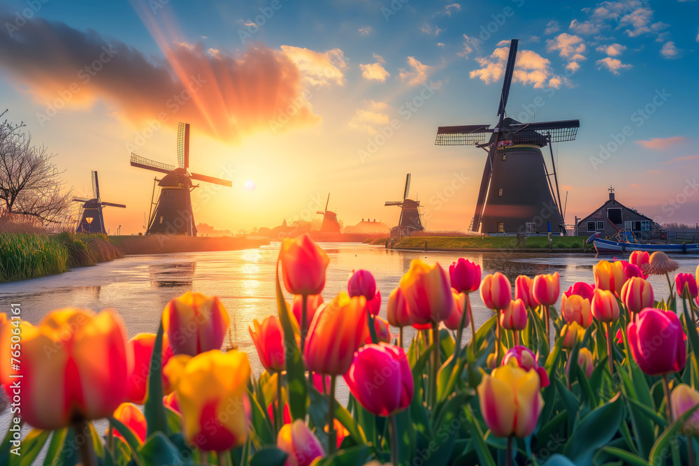 Sunset Over Windmill Village with Blooming Tulips