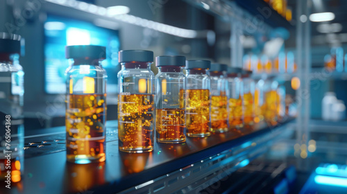 Row of vials filled with golden liquid in a high-tech laboratory setting, suggestive of medical research.