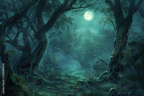 Enchanted Glade Moonlit Clearing in an Ancient Forest with Mystical Creatures, Digital Painting photo