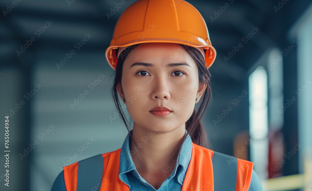 A young woman in a construction helmet and safety vest stands on a construction site, looking directly at the camera. A young woman in a construction helmet and safety vest stands on a construction site, looking directly at the camera.