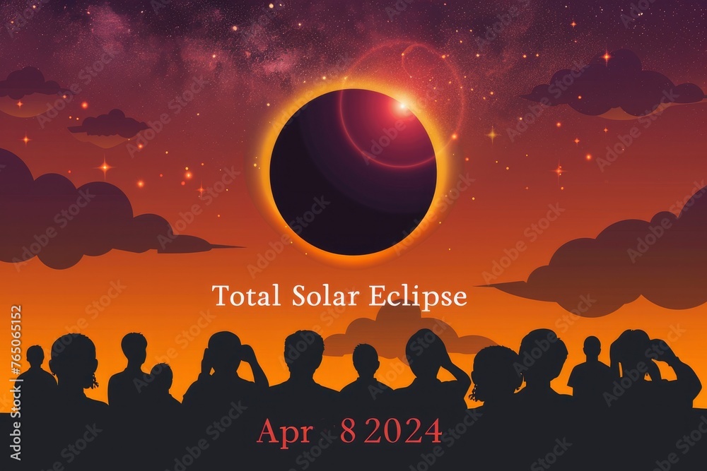 Illustration of a group of people watching the total solar eclipse, with the text Total Solar Eclipse Apr 8, 2024 - obrazy, fototapety, plakaty 