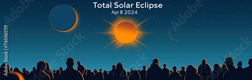 Illustration of a group of people watching the total solar eclipse, with the text Total Solar Eclipse Apr 8, 2024 photo