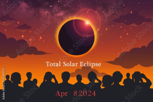 Illustration of a group of people watching the total solar eclipse, with the text Total Solar Eclipse Apr 8, 2024