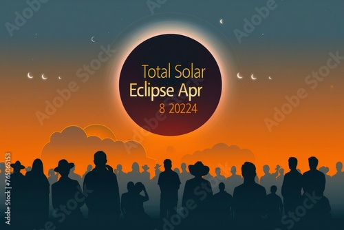 Illustration of a group of people watching the total solar eclipse, with the text Total Solar Eclipse Apr 8, 2024