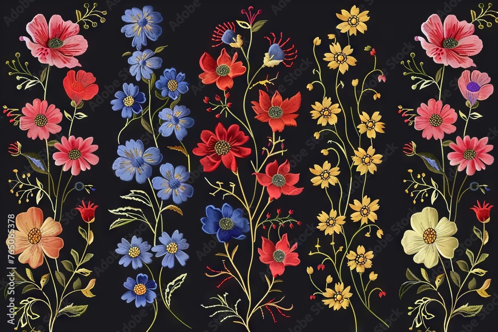 Floral Tapestry Embroidered Seamless Patterns of Flowers, Elegant Fabric Design Illustration