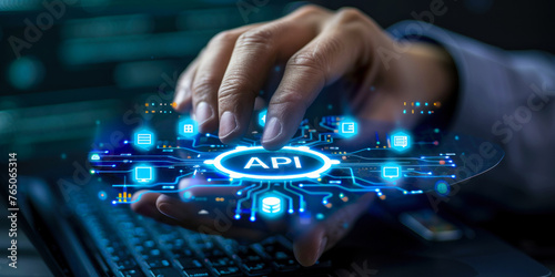 Technology Executive Displaying API Integration Concept with Glowing Icons for Application Programming Interface