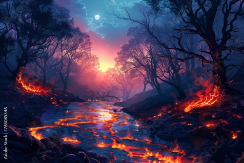 Fantasy Lava Forest Mystical Landscape with Rivers of Lava at Dusk, Digital Painting