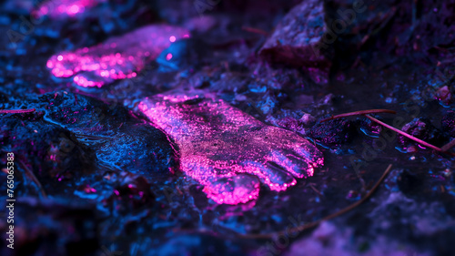 Vivid pink and blue hues illuminate footprints on a forest floor, offering an eerie glow among the dark foliage.