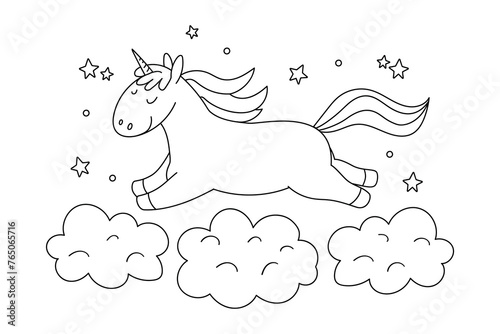 Hand drawn coloring page with a unicorn flying in clouds. Vector illustration