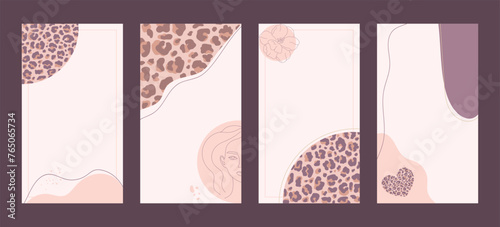 Abstract social media creative templates set. Post and story backgrounds with female face and shaped decorated with leopard print. Editable. Vector illustration