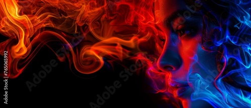  Woman on black background with colorful smoke emerging from her face