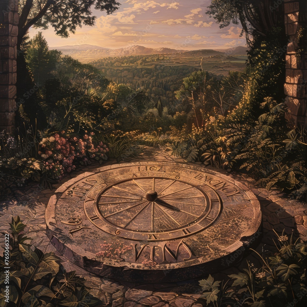 A classic sundial stands central in an enchanting garden scene, framed by lush flora and distant rolling hills, evoking timeless serenity.