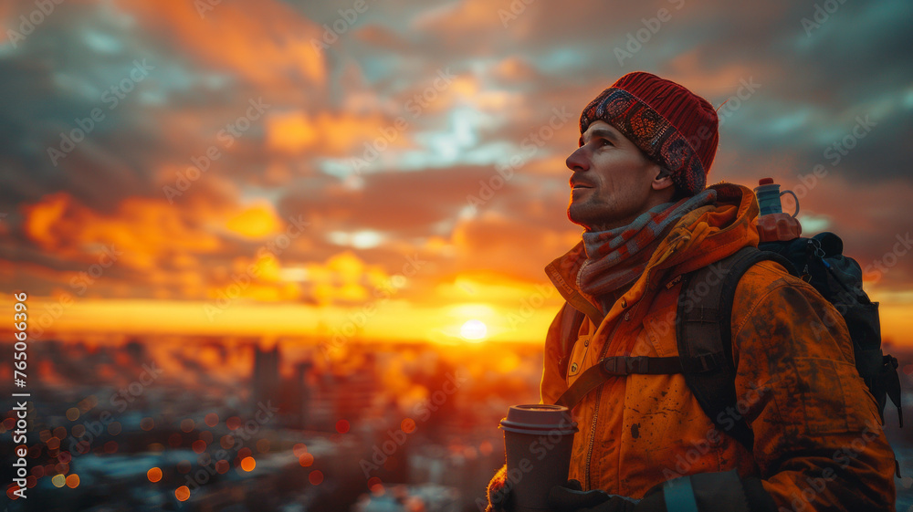 a tired construction worker drinking coffee.generative ai