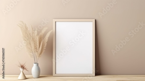 A mock-up of an empty wooden picture frame on a light wall background. A vase with flowers and leaves. The concept of advertising, a place for text.