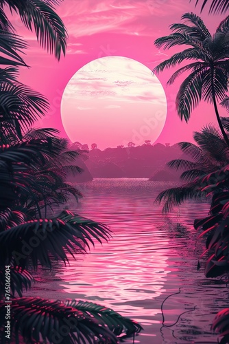 Elegant tropical concept pink circle surrounded by darker pink palms mono backdrop