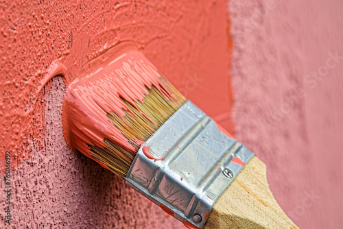 A detailed view of a home repair scene, highlighting a paintbrush applying a fresh coat of paint on a wall.