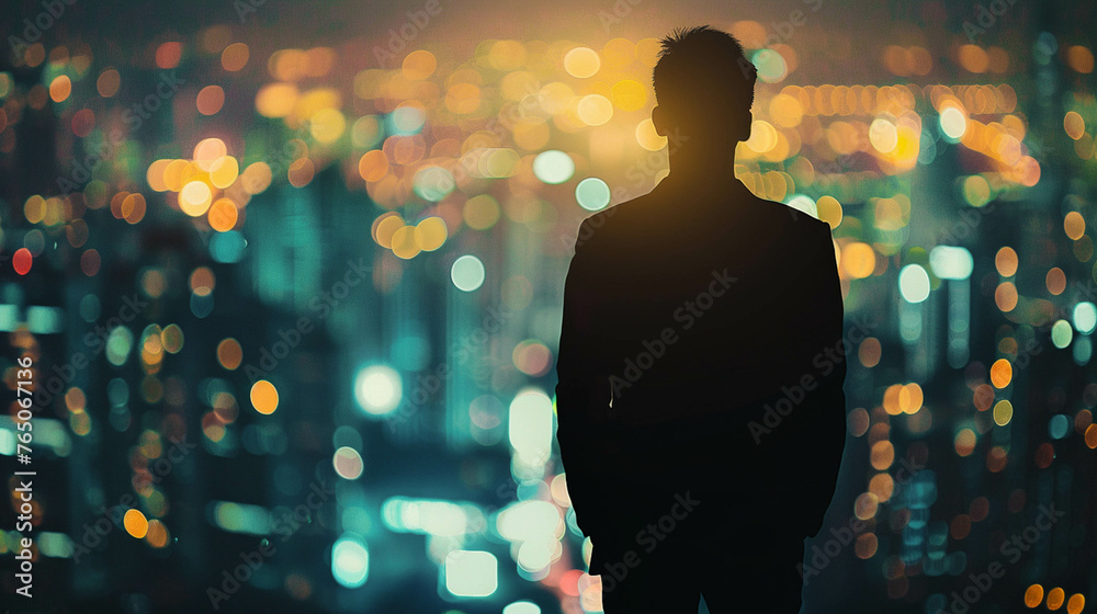 Captivating cityscape backdrop with a lone businessman's silhouette. Ideal for urban-themed banners Captivating cityscape backdrop with a lone businessman's silhouette. Ideal for urban-themed banners