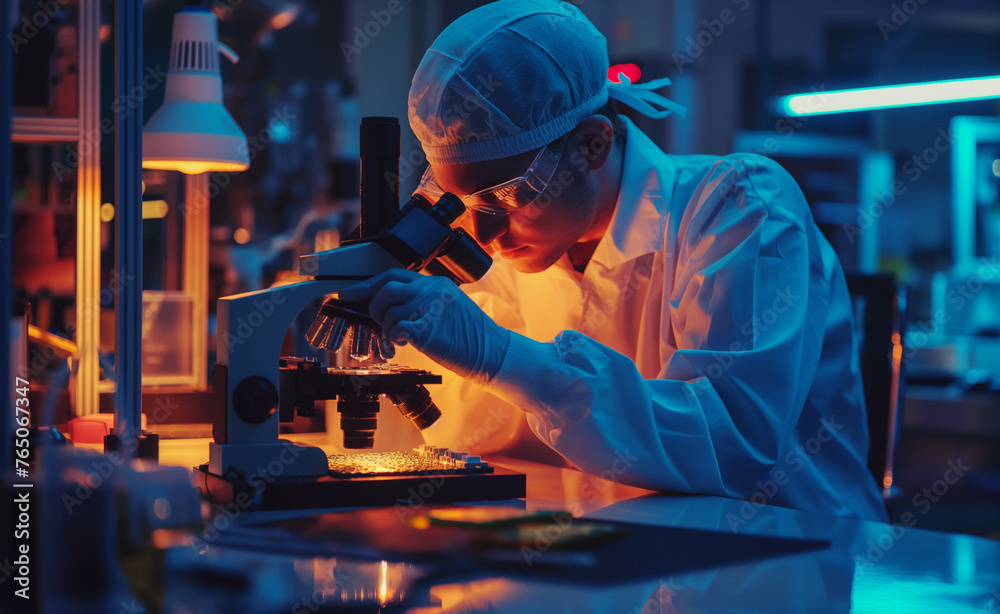 Chip Engineer Examines Silicon Wafer Chip Engineer Examines Silicon Wafer