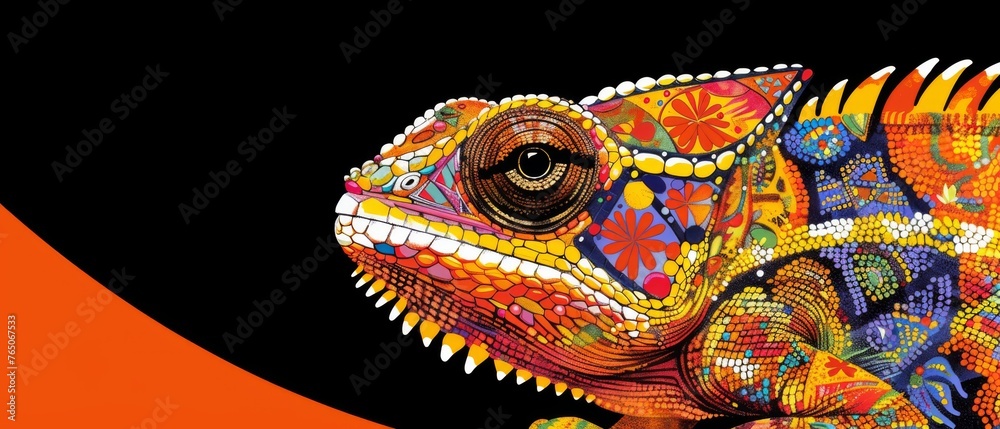  A vibrant chameleon in sharp focus against an orange-black backdrop, set against a deep black background