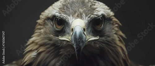  A close-up photo of a bird of prey fixating on the camera with a piercing gaze