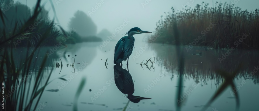  A bird perched on a water body, surrounded by grass and reeds, during a foggy day - obrazy, fototapety, plakaty 