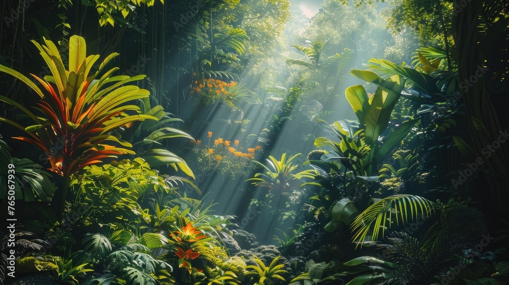 A detailed painting of a lush rainforest with a hidden solar power station, showing how renewable energy can coexist with natural habitats without disruption