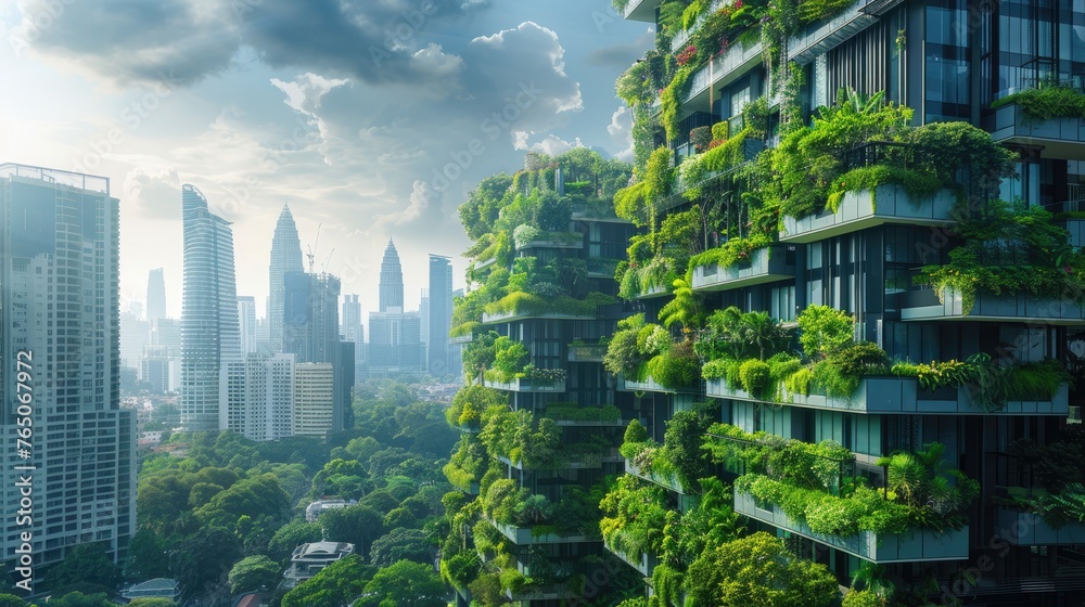 A panoramic view of a city skyline where all the buildings have green roofs and vertical gardens, improving air quality and biodiversity